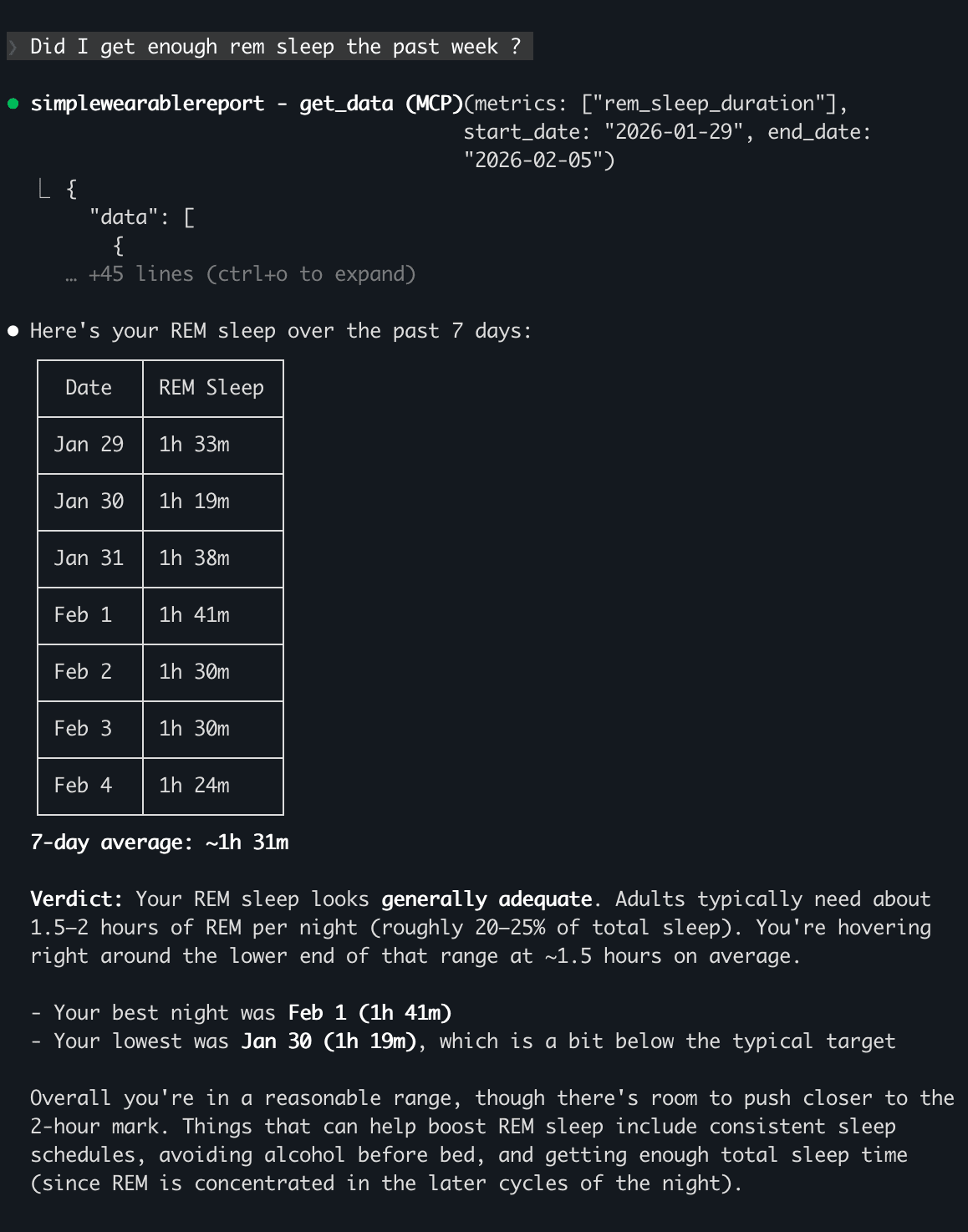 MCP agent example showing a REM sleep query and summary table